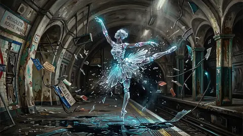 A ferocious editorial tableau on a deserted underground rail platform: a robotic - AI生成图片 3