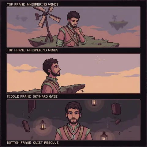A mysterious, eerie 16-bit pixel art triptych set across drifting sky islands at - AI生成图片 1