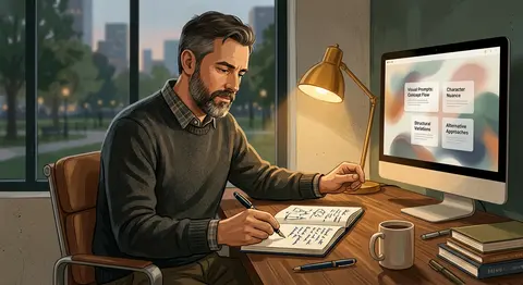 Editorial illustration of **Elias Voss**, a thoughtful independent writer-design - AI生成图片 1