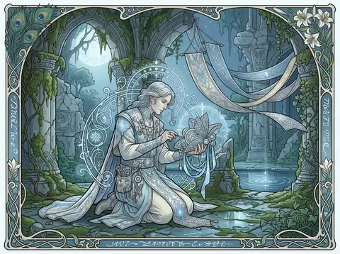 An art nouveau poster of a young tinkering inventor kneeling within ancient moss - AI生成图片 1
