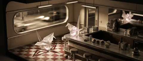 A razor-edged isometric miniature inside a 1950s roadside diner, rendered in mut - AI生成图片 1