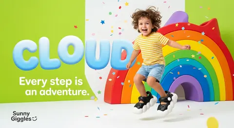 Bright, color-splashed children’s footwear campaign for `Sunny Giggles☺️`, featu - AI生成图片 1