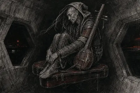 charcoal sketch of a wandering street musician alone in a quiet orbital station - AI生成图片 1