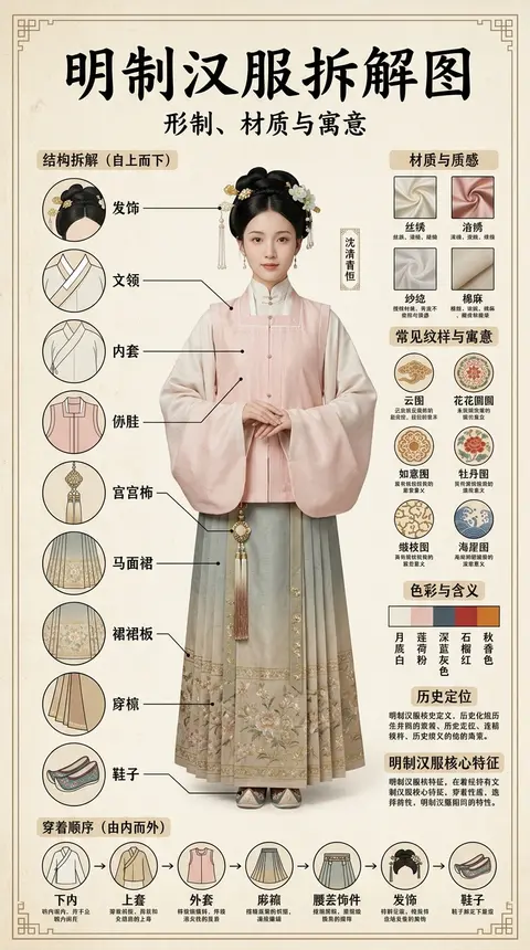 一张超高细节的中文古风服饰科普信息图海报，主题为“明制汉服拆解图”，竖版对称构图，米白色旧纸背景，带轻微做旧纹理与宣纸纤维质感，整体色调温柔淡雅，以月白、藕粉、 - AI生成图片 3