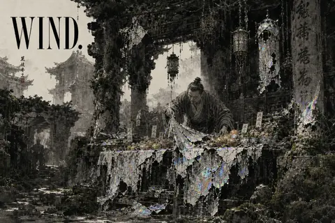 A market fruit vendor in ancient moss-covered temple ruins, rendered as a tradit - AI生成图片 2