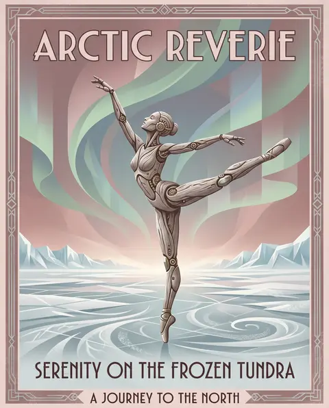 Dreamlike serene art deco travel poster of a robotic ballet dancer poised mid-ar - AI生成图片 4