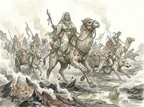 A sweeping watercolor storybook scene of a fiercely elegant desert nomad caravan - AI生成图片 4