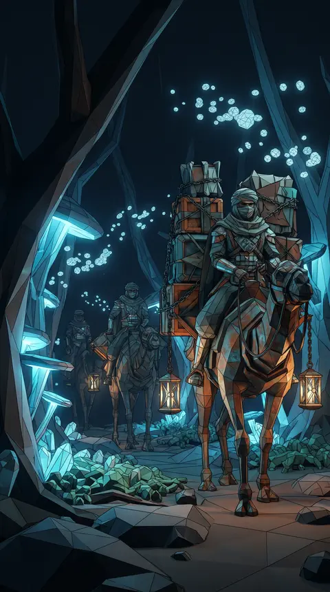 A silent desert nomad caravan threading through a bioluminescent midnight forest - AI生成图片 3