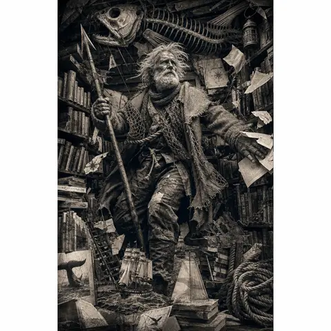 vertical full-body portrait of an elderly fisherman in a cozy cluttered attic li - AI生成图片 1