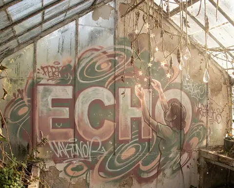 “ECHO” reimagined as a hushed graffiti street mural inside a sun-drenched greenh - AI生成图片 2