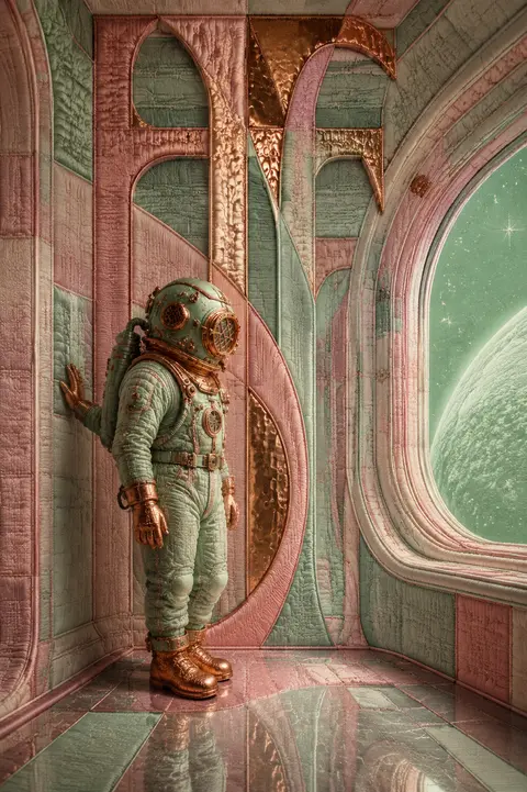 Vertical embroidered textile artwork styled like a luxury sci-fi poster: inside - AI生成图片 3