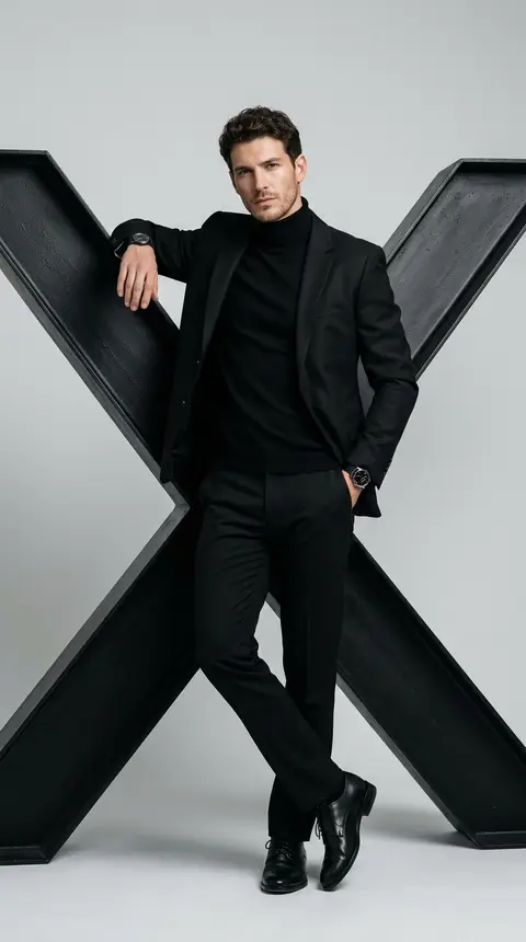 高级时尚棚拍人像，竖构图，全身镜头，虚构男模 Lucien Vale 站在一座巨大的黑色几何字母“X”雕塑前并随性倚靠其上，人物居中，姿态自信而松弛，带着克制冷 - AI生成图片 2