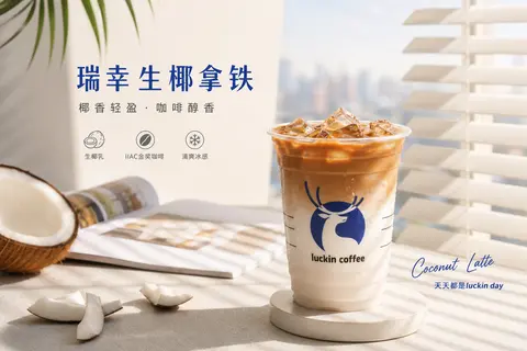 你是一位专精快消咖啡商业视觉的资深创意总监。请对以下商品广告进行专业级重设计：【原始素材】瑞幸生椰拿铁｜经典蓝白杯身，椰乳与咖啡分层，冰块清晰可见【趋势锚定】当 - AI生成图片 2