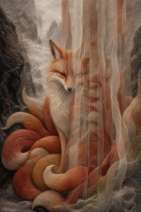 An intimate embroidered textile tableau of a mythical nine-tailed fox spirit pau - AI生成图片 2