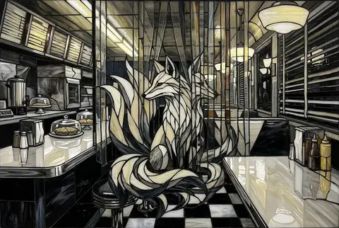 A tense cinematic portrait of a mythical nine-tailed fox spirit seated alone in - AI生成图片 3