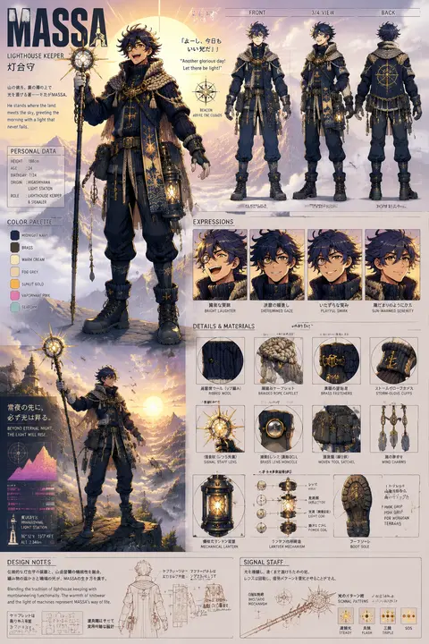 Character sheet for **MASSA**, a jubilant lighthouse keeper reimagined as a stri - AI生成图片 1