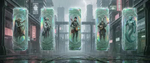 在霓虹与骤雨交织的巨型未来都会深处，五座等距悬浮的雕刻玉质竖碑如失重纪念碑般笔直列阵，表面覆有全息箔膜般的虹彩微光，边缘被雨雾与电流映出神圣轮廓；每一座半透明玉 - AI生成图片 2