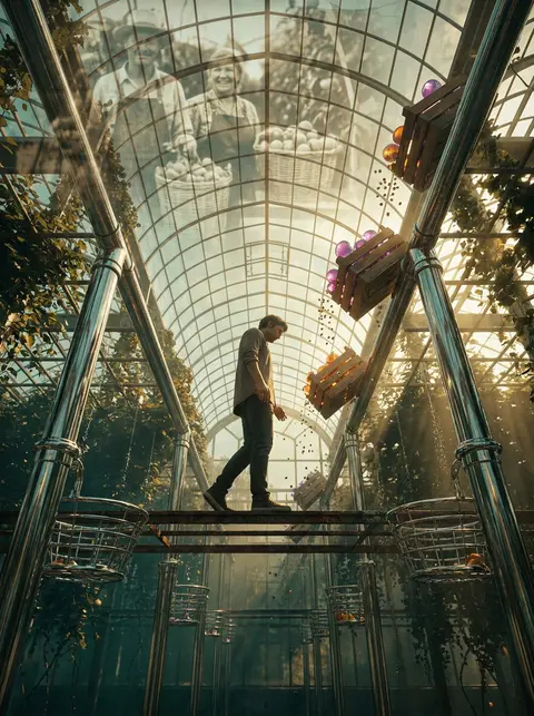 A solitary fruit vendor balancing on a narrow suspended rail between towering ch - AI生成图片 3