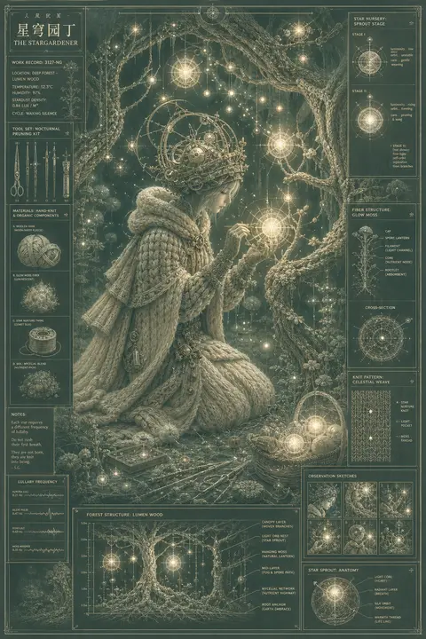一幅静谧而奇异的蓝图式幻想海报：一位“星穹园丁”跪坐在会发微光的夜森林深处，小心修整悬浮在枝叶之间的一簇幼小恒星。角色并非运动员，而是带有神秘气质的纤细守夜者， - AI生成图片 2