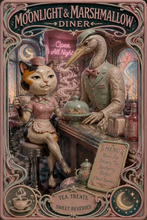 A moon-faced calico proprietress perches on a chrome-topped counter stool inside - AI生成图片 1