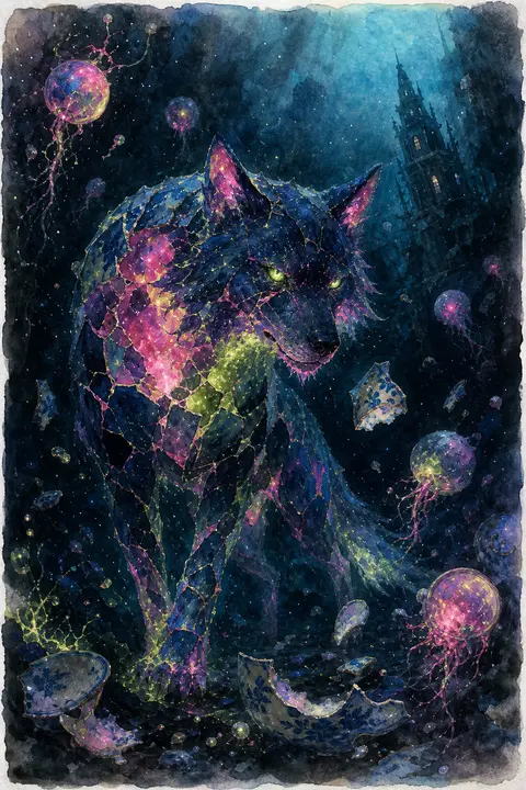 幽深海沟最底部，一只由星群拼接而成的狼缓缓浮现，躯体像碎裂瓷器重新烧制出的神秘遗物，裂纹间透出刺眼的酸性霓虹绿与浓烈洋红光芒，仿佛海底夜空在它体内呼吸；四周漂浮 - AI生成图片 2