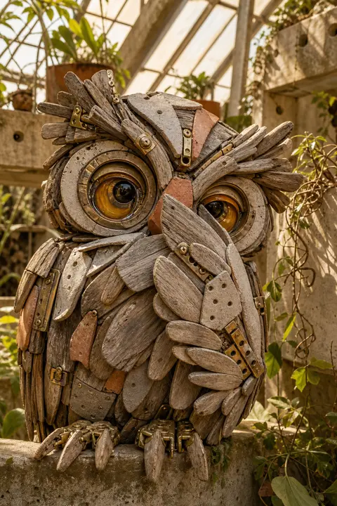 Close-up portrait of a playful clockwork owl assembled from weathered driftwood, - AI生成图片 2