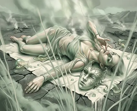 A masked carnival acrobat sprawled diagonally across a fractured volcanic plain, - AI生成图片 3