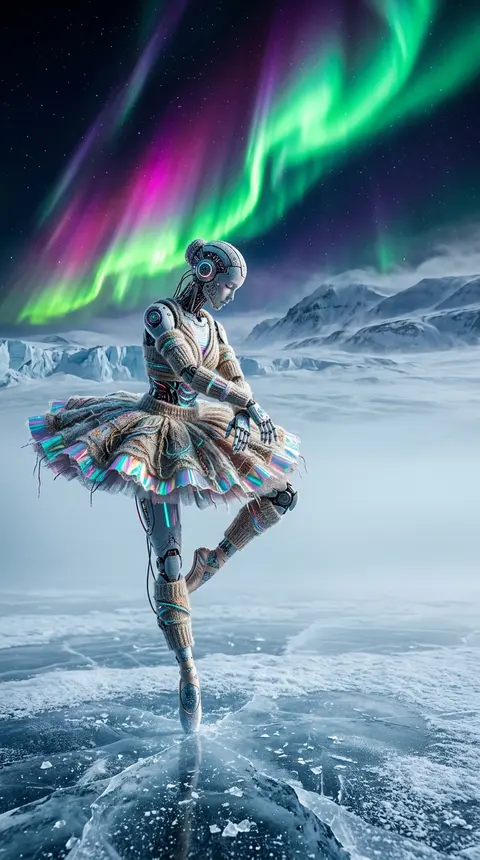 竖版商业艺术海报，一位 robotic ballet dancer 伫立在 frozen tundra 上，脚尖轻点结霜冰面，姿态优雅却带着 melanchol - AI生成图片 1