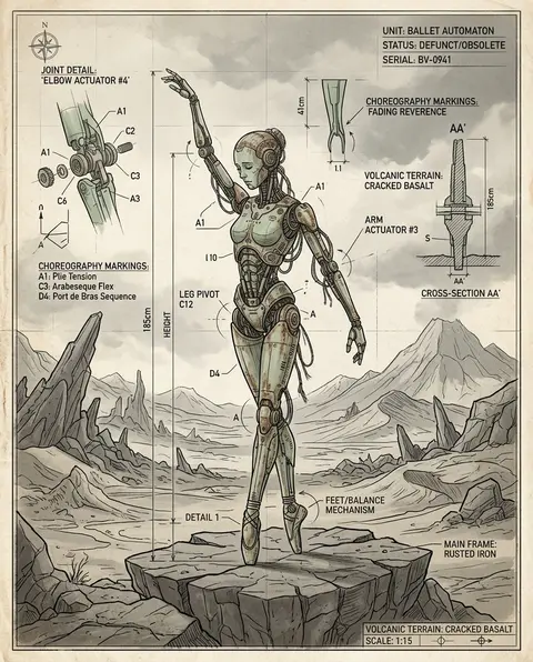 An emotionally charged blueprint schematic of a robotic ballet dancer standing a - AI生成图片 2