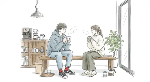 极简日系手绘插画风，大片白色留白背景，淡雅安静的咖啡馆室内一隅，以黑色细线随性勾勒，像速写结合轻薄水彩晕染；整体气质温柔、宁静、生活化，带有清新治愈的日常漫画插 - AI生成图片 2