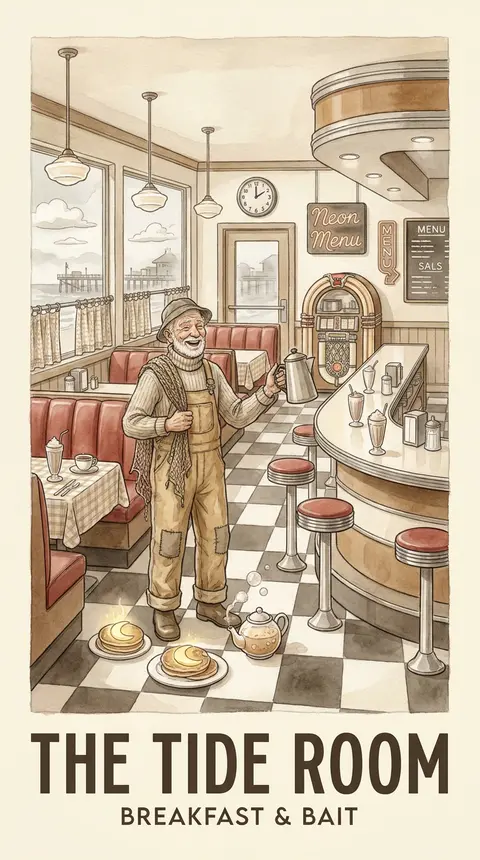 竖版水彩故事书插画，一张虚构小镇餐馆宣传画，四周宽阔奶油色留白与优雅排版；画面中央是一家1950年代风格的海边公路 diner 内景被奇想化改造成“潮汐早餐剧场 - AI生成图片 3