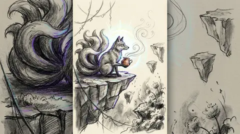 mythical nine-tailed fox spirit curled on the edge of a floating sky island, tai - AI生成图片 2