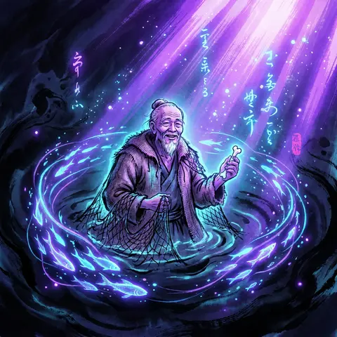 An elderly fisherman, smiling with weathered calm, drifting through an underwate - AI生成图片 2