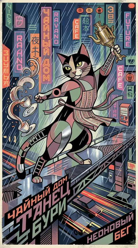 A frenzied tea-house cat vaults across a rain-slick skybridge in a colossal neon - AI生成图片 1
