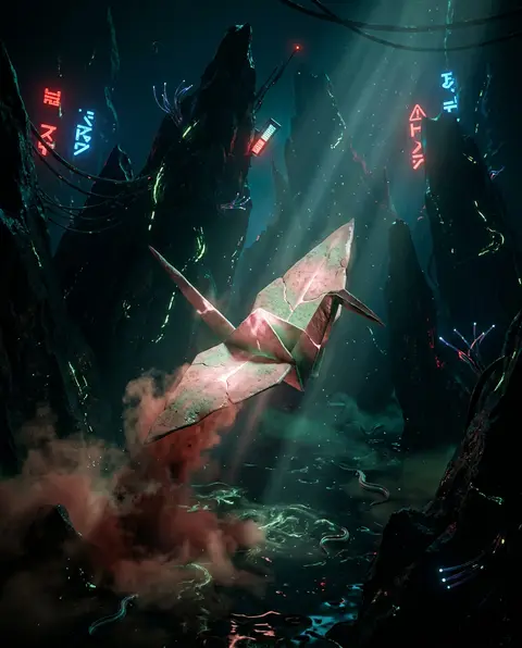 A tense cinematic cyberpunk neon illustration of a living origami paper crane dr - AI生成图片 1