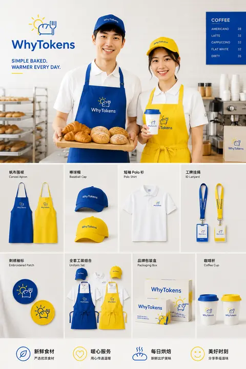品牌 VI 工装版式展板，烘焙店 WhyTokens 全套视觉物料展示，明亮克莱因蓝 + 暖黄撞色主色调，干净 ins 风商业品牌设计主视觉：一男一女年轻东亚店 - AI生成图片 1