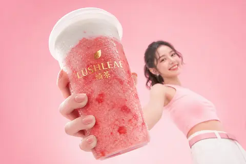 一张高质感商业饮品广告摄影，低机位仰拍、超广角近景透视夸张构图，前景是一只被手高高举起的超大杯粉红色草莓冰沙奶盖饮品，透明塑料杯、白色杯盖，杯身布满细密冷凝水珠 - AI生成图片 1