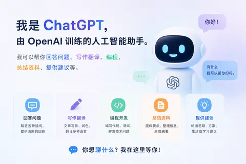 我是 ChatGPT，由 OpenAI 训练的人工智能助手。我可以帮你回答问题、写作翻译、编程、总结资料、提供建议等。你想聊什么？ - AI生成图片 1