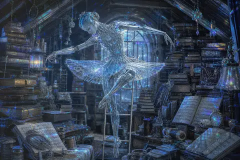A melancholic robotic ballet dancer with frosted crystal limbs and mirror-smooth - AI生成图片 1