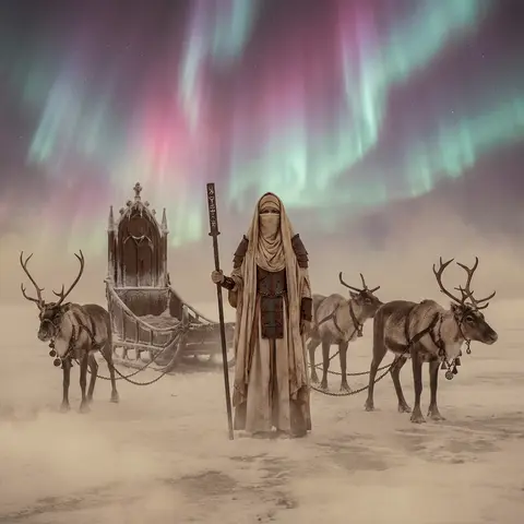 Full-body cinematic composition of a desert nomad caravan halted on a wind-scour - AI生成图片 3