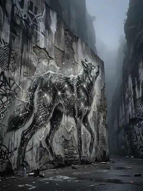An ultra-detailed graffiti street mural of a spectral wolf formed entirely from - AI生成图片 2