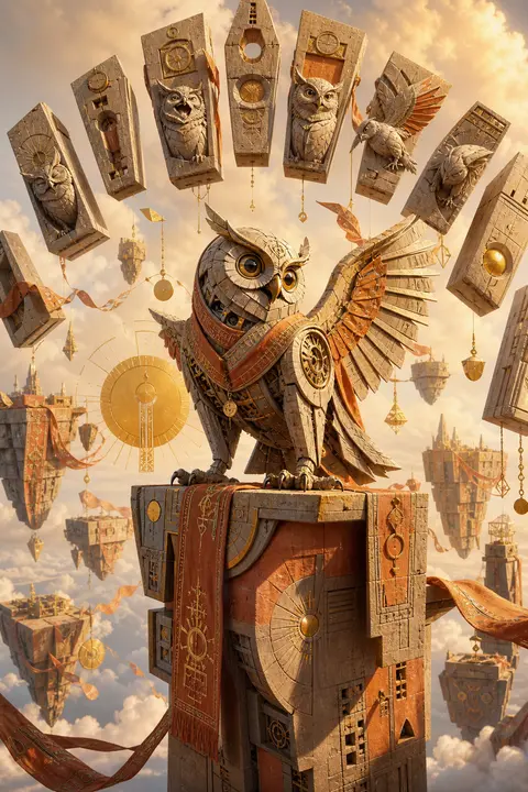 A jubilant surreal composition centered on a clockwork owl poised on the edge of - AI生成图片 2