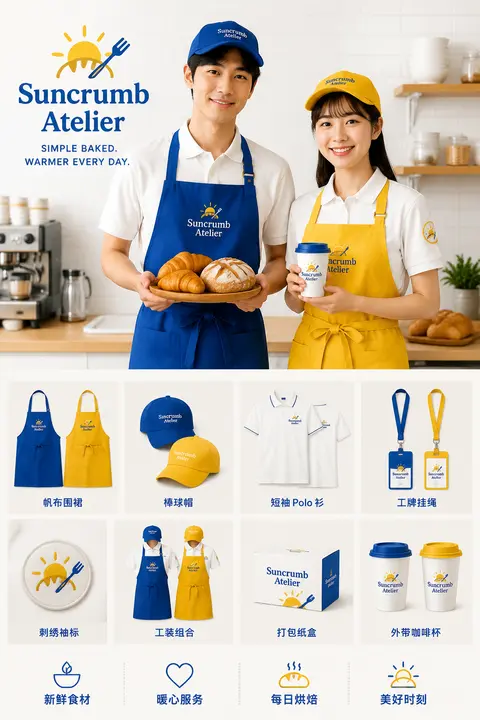 品牌 VI 工装版式展板，烘焙店 `Suncrumb Atelier` 全套视觉物料展示，明亮克莱因蓝与暖蜂蜜黄高对比主色调，干净 `ins` 风商业品牌设计主 - AI生成图片 1