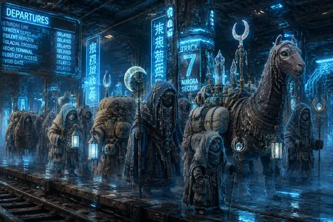 A sorrow-soaked caravan of fictional desert wanderers pauses on a long-abandoned - AI生成图片 2