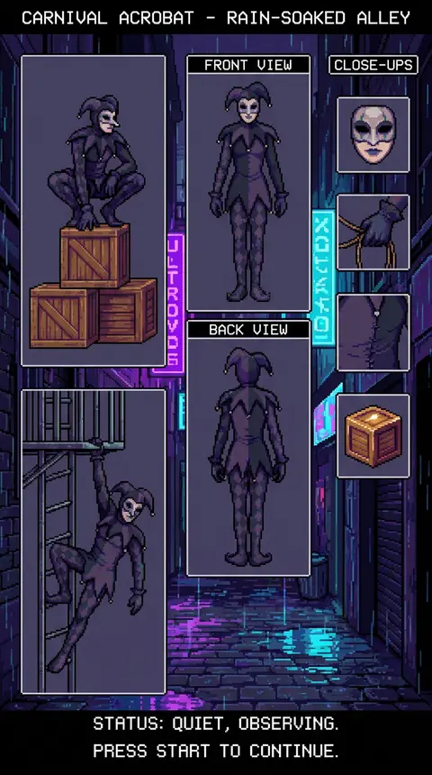 16-bit pixel art character sheet of a masked carnival acrobat in a rain-soaked b - AI生成图片 1