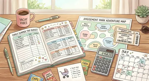 Bright editorial lifestyle illustration of a family trip budget planner spread a - AI生成图片 1