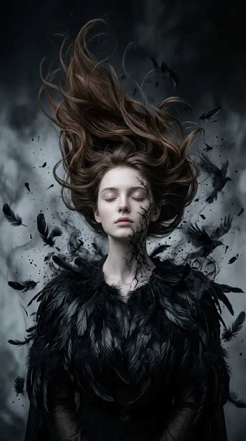 一幅超写实、暗黑奇幻风格的人像艺术摄影：艾琳·夜鸦（Eileen Nightraven）正面半身居中出镜，双眼轻闭，神情宁静而空灵，带着微妙的超然感，头部微微后 - AI生成图片 1