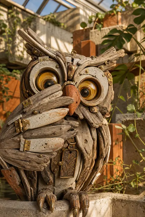 Close-up portrait of a playful clockwork owl assembled from weathered driftwood, - AI生成图片 1
