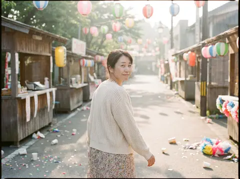 A beautiful Japanese woman walking through an empty festival street the morning - AI生成图片 3