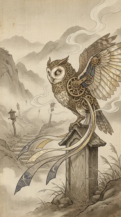 A dreamlike and serene ukiyo-e woodblock print of a clockwork owl poised on a we - AI生成图片 3